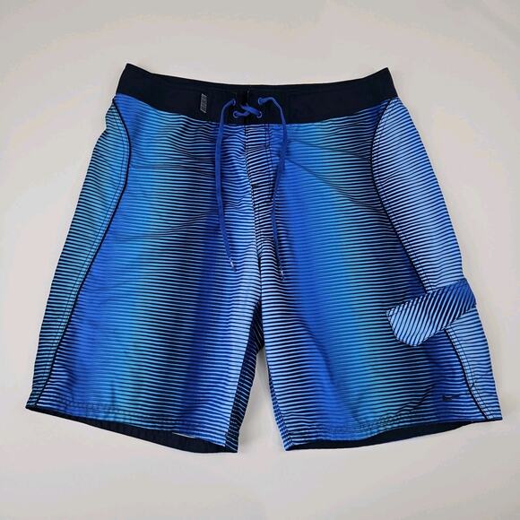 Nike Board Shorts Men's 36 Surf Swimming Trunks Stretch Blue Striped Unlined - Picture 1 of 9